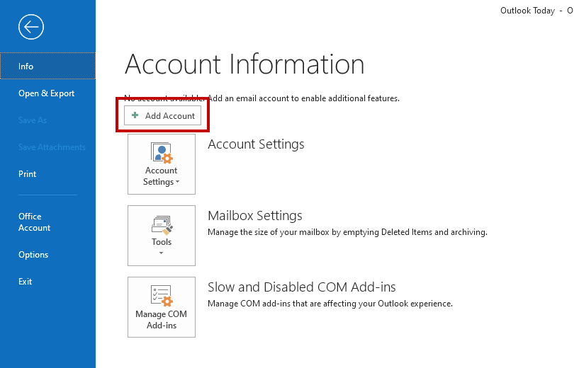 Microsoft Outlook 2019 / 365 - Add account