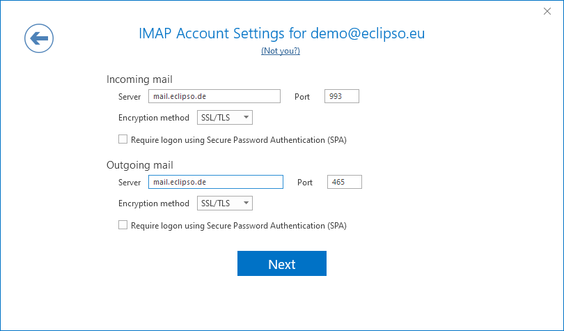 Microsoft Outlook 2019 / 365 - Enter IMAP account settings manually - SSL/TLS