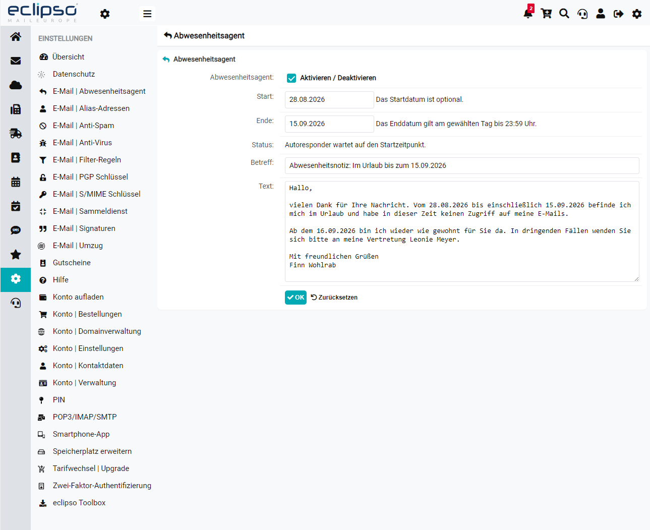 Abwesenheitsnotiz einrichten und aktivieren