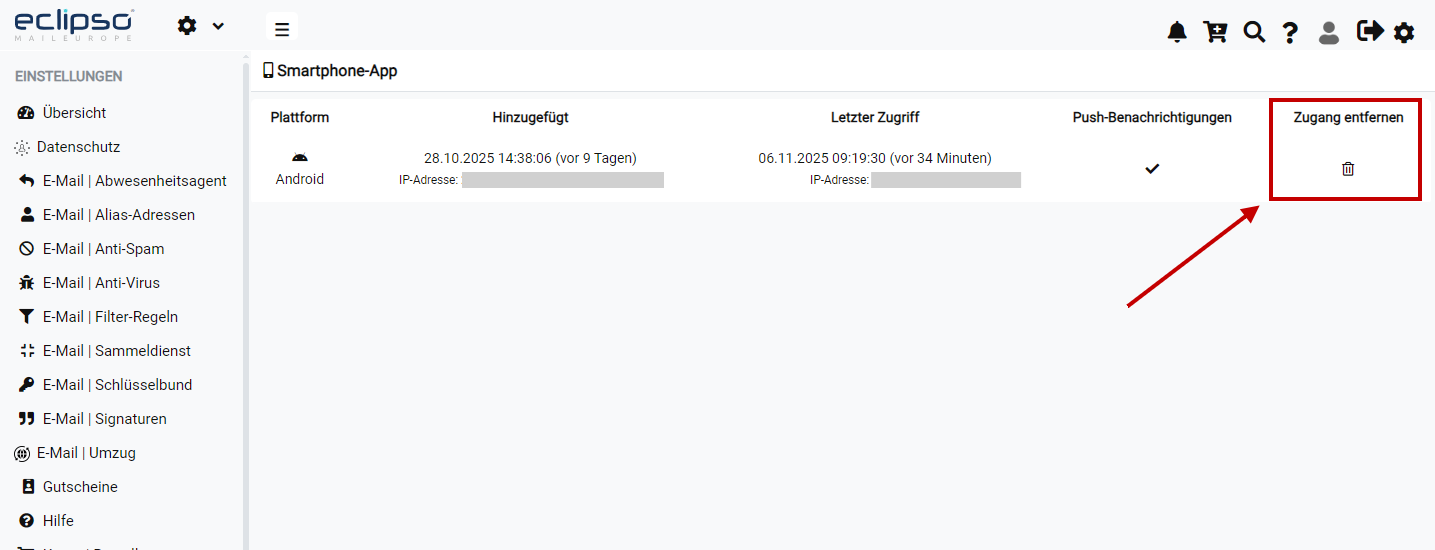 App-Zugang zur eclipso Mail Europe App löschen und entfernen