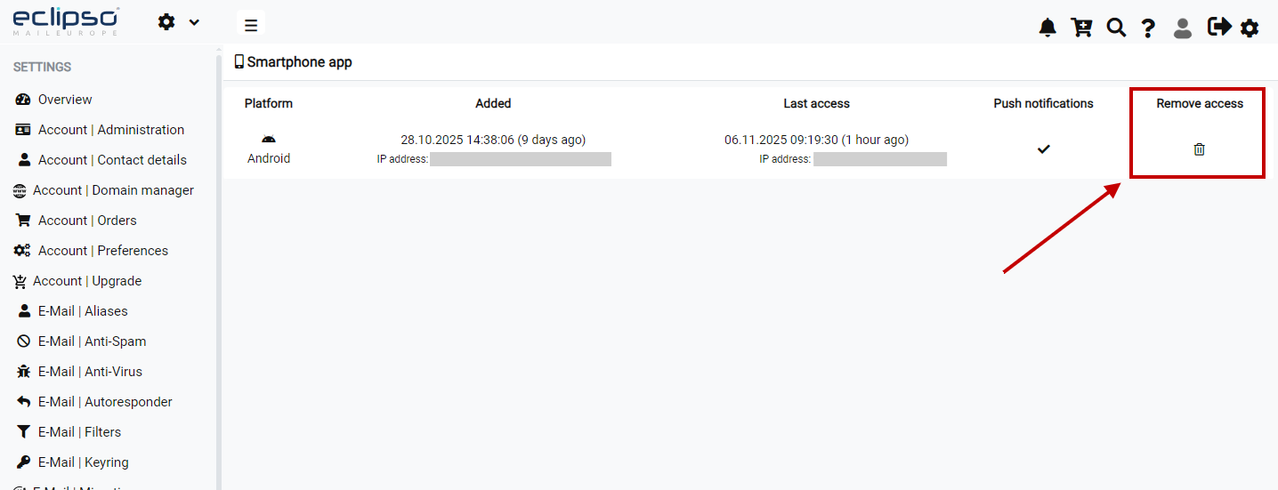 Delete and remove app access to the eclipso Mail Europe app