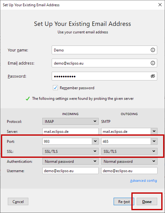 Mozilla Thunderbird - Configure manually SSL 993 465